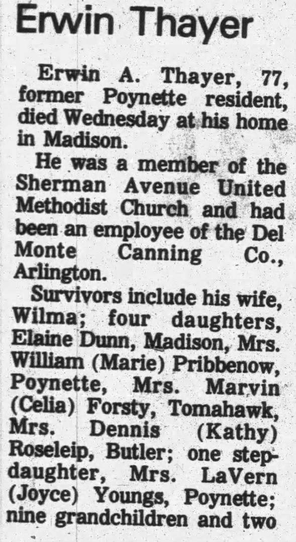 Obituary for Erwin A Thayer (Aged 77)